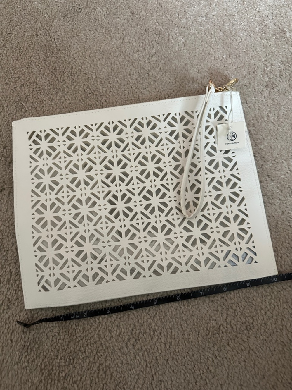 Tory Burch White Laser-Cut Wristlet Clutch with Geometric Pattern